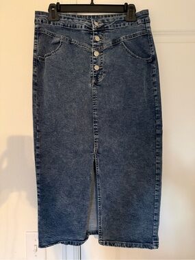 SHEIN Dark Blue Button-Front Denim Midi Skirt